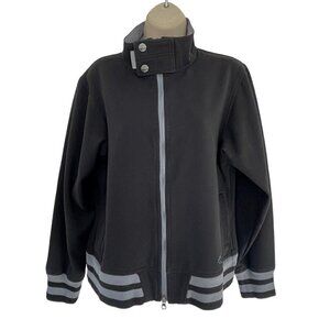 Sims Women's Sz L Black Full Zip Varsity Jacket Gray Striped Ribbed Cuffs & Hem